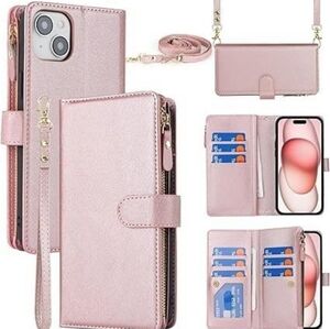 NWOT Iphone 15 Crossbody Case Wallet For  With Strap Lanyard Rose Gold 6.1"